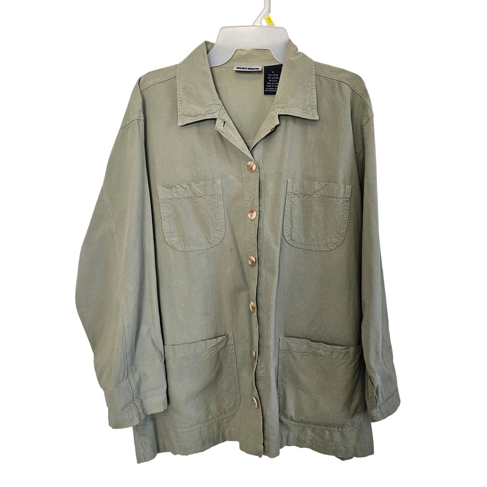 Erika & Co Womens‎ Large Olive Green 100% Cotton Button Up Utility Shirt Jacket